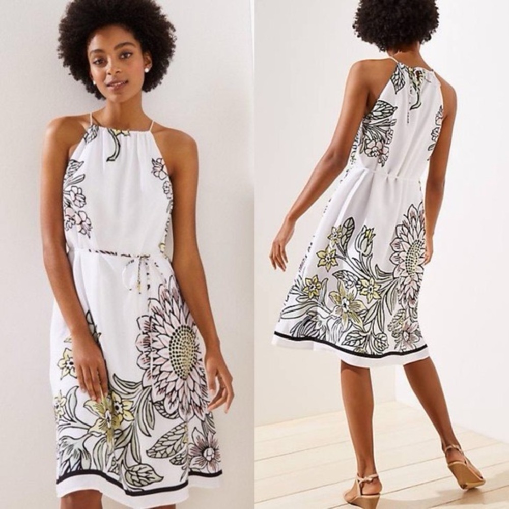 Ann Taylor LOFT White & Black Floral Garden Party Midi Halter Dress Size XS